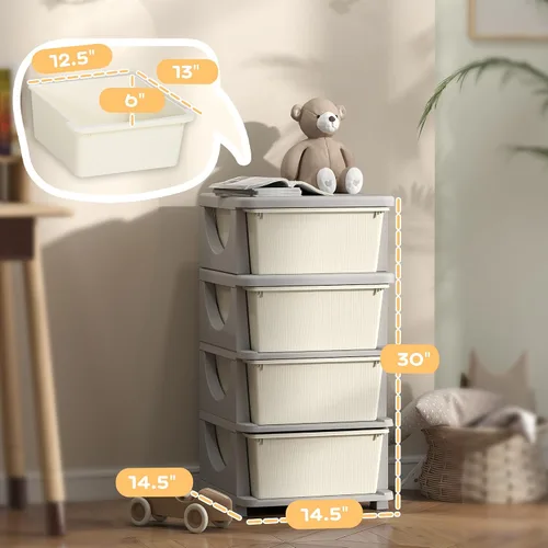 Miniatura 3 de Qaba Unidad de almacenamiento de 4 niveles para niños, organizadores de juguetes y almacenamiento con cómoda de 4 cajones para dormitorio de niños