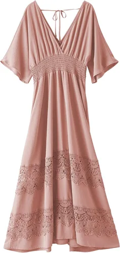 Miniatura 17 de Vestido largo de encaje para mujer de manga corta y cuello en V, vestido de fiesta estilo bohemio con cintura fruncida, vestido bohemio para mujer