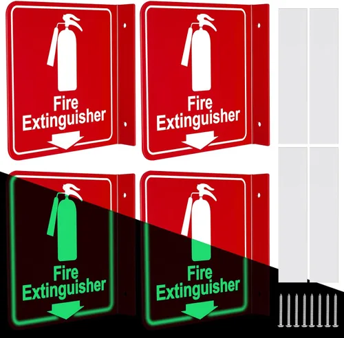 Barydat Paquete de 4 letreros de extintor de incendios que brillan en la oscuridad con flecha hacia abajo de 6 x 6 pulgadas, extintor de incendios