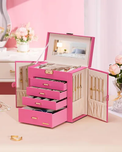 Miniatura 53 de Homde Regalos de Navidad de cuero sintético, enorme joyero, organizador de reloj con espejo, collar, anillo y aretes, estuche de regalo con Dorado