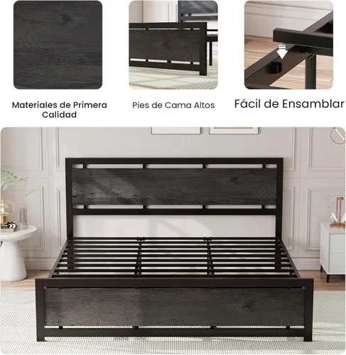 Miniatura 4 de LIKIMIO Base de cama King con cabecero y estribo, soportes fuertes de metal, fácil montaje, sin ruido, no necesita somier, gris carbón