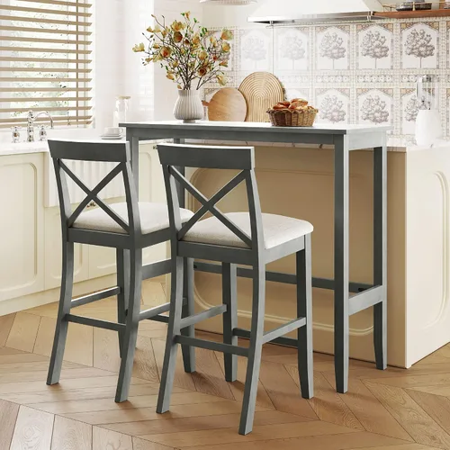 Miniatura 9 de P PURLOVE Juego de mesa de bar de 3 piezas, mesa de comedor de cocina rústica de altura de barra para 2, mesa de comedor rectangular con 2 sillas