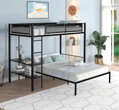Miniatura 11 de Favfurish Litera de Metal de Piso Twin XL sobre Queen con Escaleras Inclinadas y Barandillas de Seguridad para Dormitorio, Habitaciones de Negro