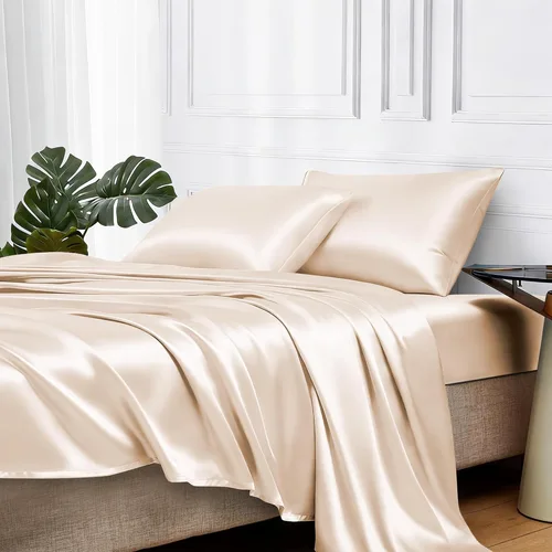 Miniatura 30 de MR&HM Sábanas de satén para cama de tamaño King, juego de 4 piezas de ropa de cama sedosa con bolsillo profundo de 15 pulgadas para colchón