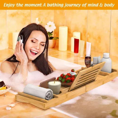 Miniatura 4 de Bandeja de Bañera de Bambú para Baño de Lujo, Bandeja de Baño Premium Expandible con Soporte para Jabón/Toalla/Libro, Accesorios de Baño Ajustables