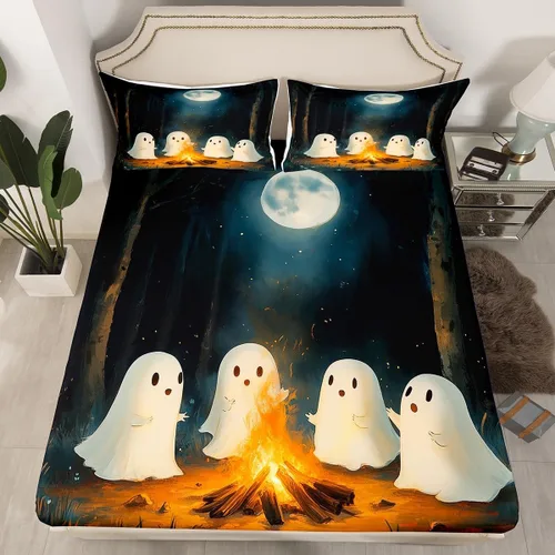 Miniatura 3 de Jejeloiu Lindo juego de sábanas de fantasma, tamaño individual, feliz Halloween con sábana bajera de bolsillo profundo, funda de almohada