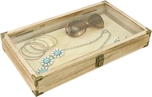 Miniatura 4 de MOOCA Caja de almacenamiento de accesorios de madera natural con esquinas de latón y cierre de metal, bandeja de joyería de madera