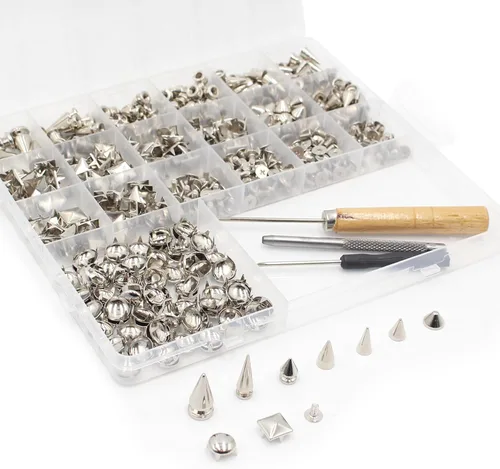 SHRJ Juego de 555 clavos y tachuelas punk, tachuelas cuadradas de pirámide, remaches de cúpula redonda, remaches de metal para árboles, remaches de