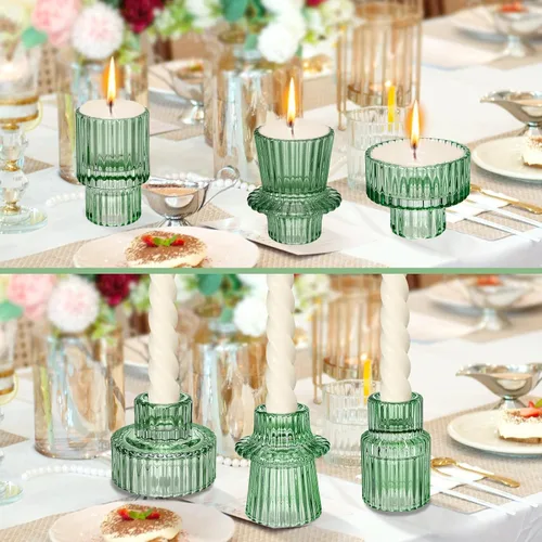 Miniatura 4 de Portavelas de cristal, juego de 3 candelabros verdes, velas cónicas de 3 estilos para todos los eventos formales, centros de mesa, bodas, cenas