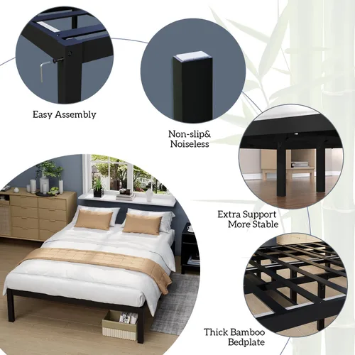 Miniatura 7 de Base de cama de bambú de tamaño individual con plataforma de madera, estructura sólida y estable con listones antideslizantes, cama alta,