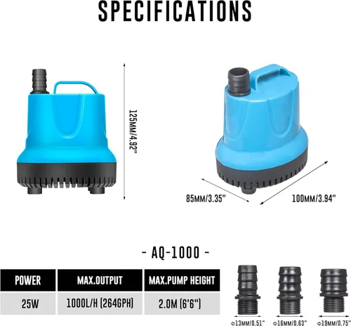 Miniatura 2 de Bomba de agua sumergible de alimentación inferior de 264 GPH – Acuario de baja succión de bajo consumo energético, estanque, fuente, bomba
