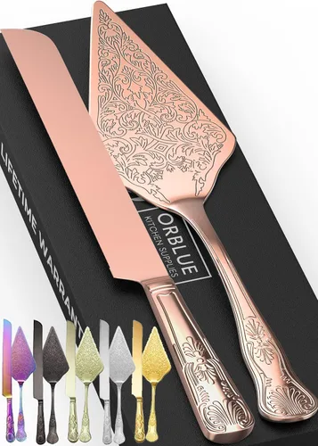 Miniatura 11 de Orblue Juego de cuchillo y servidor para pastel de boda, juego de corte de alta calidad, bellamente grabado, elegante recuerdo para recién casados