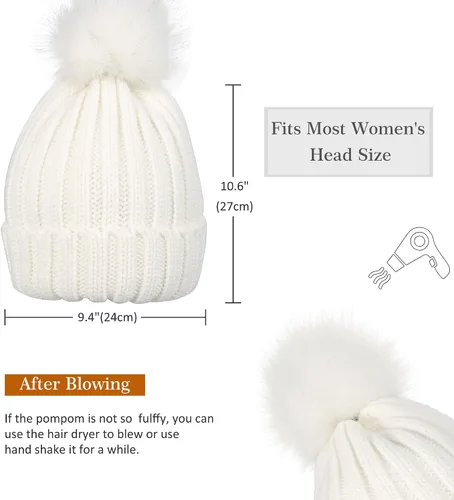 Miniatura 3 de Muryobao Gorro de invierno para mujer, con forro de satén, de piel sintética, con pompones, de punto, con forma de calavera