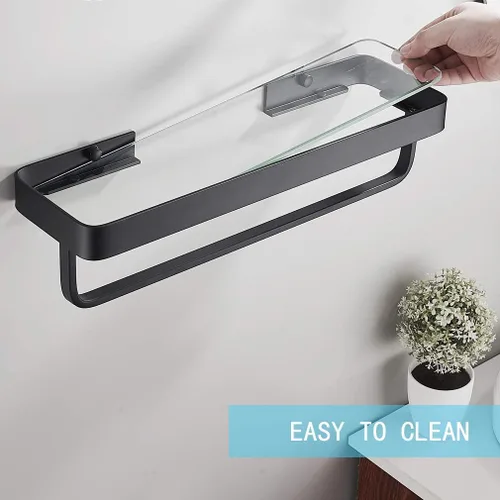 Miniatura 4 de Estante de vidrio templado para baño de 15.7 pulgadas con toallero, organizador de ducha de aluminio montado en la pared, gabinete de almacenamiento