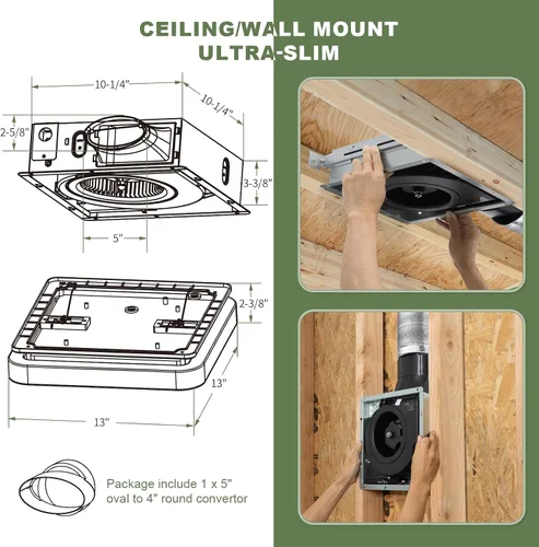 Miniatura 6 de Akicon Extractor de baño con luz, motor de CC de 50-80-100 CFM, luz LED de 1.2 Sones 3CCT 2700K/4000K/5500K con luz nocturna de 7 W, ventilador