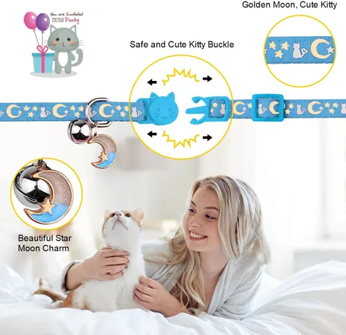 Miniatura 3 de Baeuppit 2 piezas de collares de gato separables con campana, lindos collares ajustables para gatitos con colgante que brillan en la oscuridad Negro