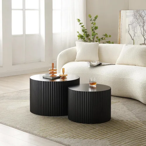 Miniatura 5 de Moderna mesa auxiliar anidable, mesa auxiliar redonda de madera, juego de 2 para espacios pequeños, sala de estar, color negro