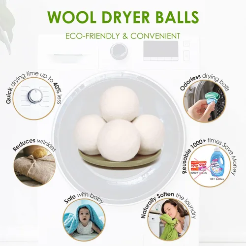 Miniatura 5 de Paquete de 4 bolas de secado de lana, bolas de secado de lavandería, 100% lana de Nueva Zelanda suavizante de tela natural, reutilizables, 1000