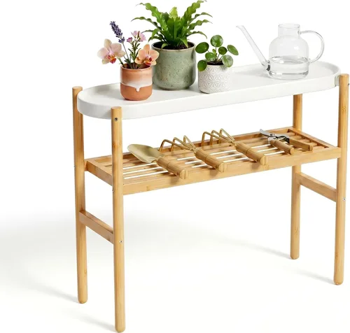 Miniatura 8 de Estantería de bambú Wisuce para interiores, mesa de 2 niveles de altura para ventana, soporte para múltiples plantas..