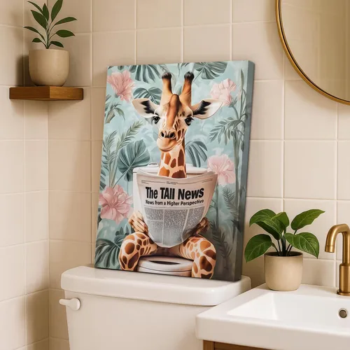 Miniatura 8 de Conjunto de 3 divertidos cuadros de animales para baño, lindas pinturas de jirafa leyendo el periódico, arte en lienzo de batas botánicas eclécticas