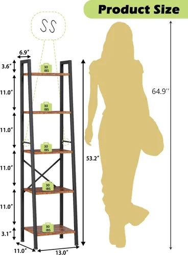 Miniatura 2 de Furologee Estantería de escalera de 5 niveles, estantería alta y estrecha con 2 ganchos, estante de esquina de baño marrón rústico, estante