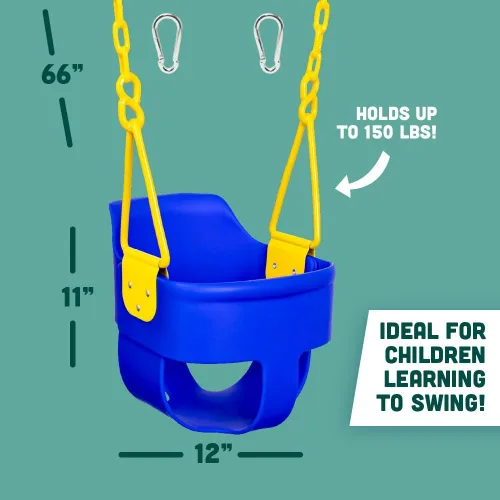 Miniatura 6 de Asiento de columpio para niños pequeños con respaldo alto y agarre para los dedos, cadenas recubiertas de plástico y mosquetones para una fácil Azul