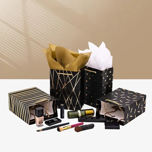 Miniatura 6 de Nihuecne Bolsas de regalo de tamaño mediano de 9 pulgadas con papel de seda, paquete de 4 bolsas de regalo de papel de envoltura de oro negro