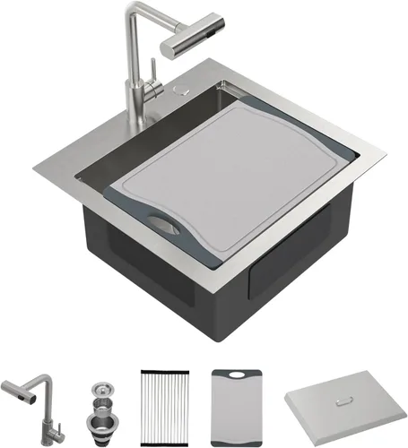 Miniatura 37 de Fregadero de cocina de 25 pulgadas, fregadero de un solo cuenco, color negro mate, calibre 18, 25 x 22 pulgadas, acero inoxidable, montaje superior
