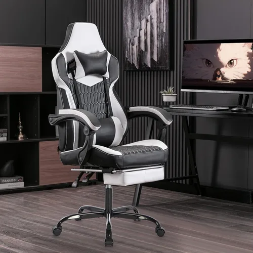 Miniatura 2 de Cómoda silla de oficina con reposapiés y soporte lumbar, estilo carreras, ajustable, giratoria de 360°, silla de juegos con reposacabezas