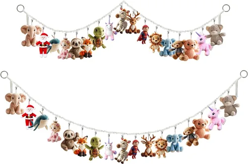 2 cadenas de almacenamiento colgantes de algodón de 80 pulgadas para animales de peluche, cada cadena de exhibición bohemia viene con 20 clips de