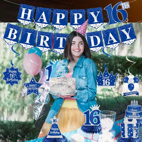 Miniatura 4 de Juego de decoraciones de cumpleaños número 16 – Cartel azul de Happy 16 con espirales colgantes y centros de mesa de panal de abeja, kit