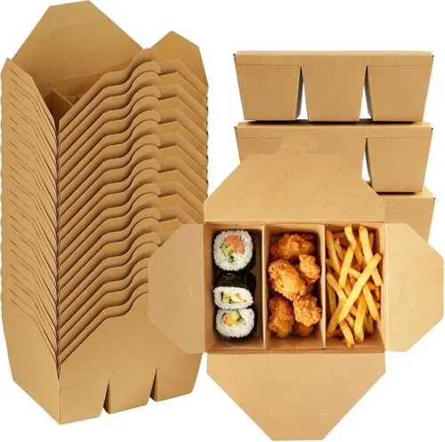 Miniatura 9 de Paquete de 30 recipientes de comida para llevar, 3 compartimentos de 7.5 x 5.4 x 2.6 pulgadas, cajas de papel de pulpa de bambú para llevar