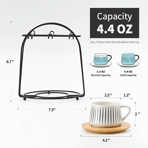 Miniatura 8 de LUKA - Tazas de café de cerámica con platillos y soporte de metal, 4 onzas, tazas de porcelana demitasse para espresso, latte, café, café moca, té