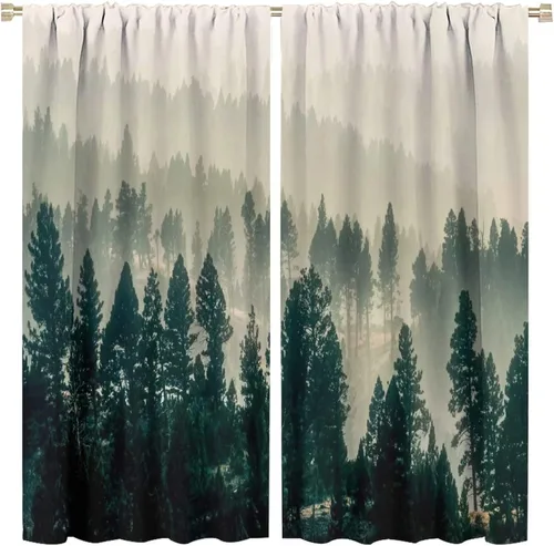 Miniatura 29 de Cortina de bosque neblinoso, bosque verde brumoso, paisaje natural, pino, alerce, niebla, montaña, oscurecimiento de habitación, puerta, ventana