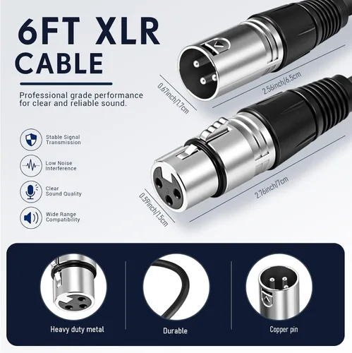 Miniatura 2 de Copkim Paquete de 10 cables XLR brillantes de 6 pies, 3 pines, cable de micrófono XLR equilibrado a macho a hembra para micrófono, mezclador