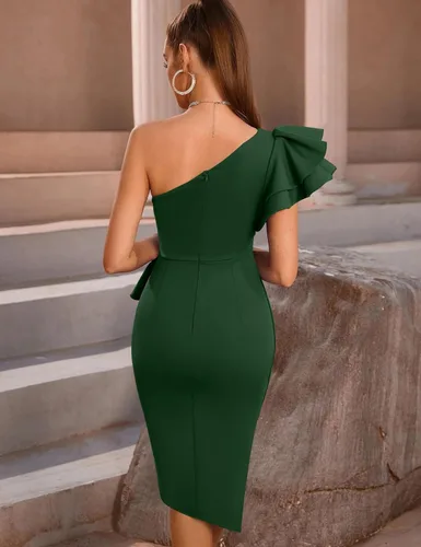 Miniatura 2 de YMDUCH Women's Sexy One Shoulder Ruffle Ruched Wrap Bodycon Midi Party Dress
