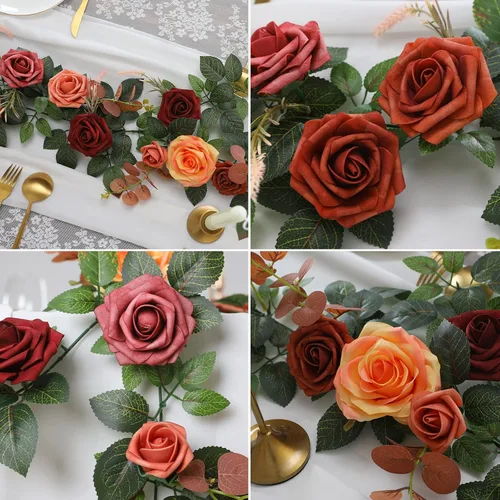 Miniatura 7 de Senseya Guirnalda de flores de rosas artificiales de 5 pies, vid floral falsa de terracota con hojas de rosa, guirnalda de flores rústicas
