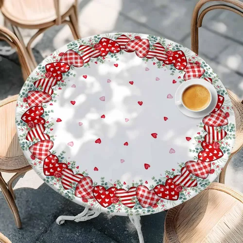 Miniatura 30 de Mantel ajustado redondo de Navidad con Poinsettia, mantel de lino retro de Navidad impermeable para mesa circular, mantel circular elástico de Rojo