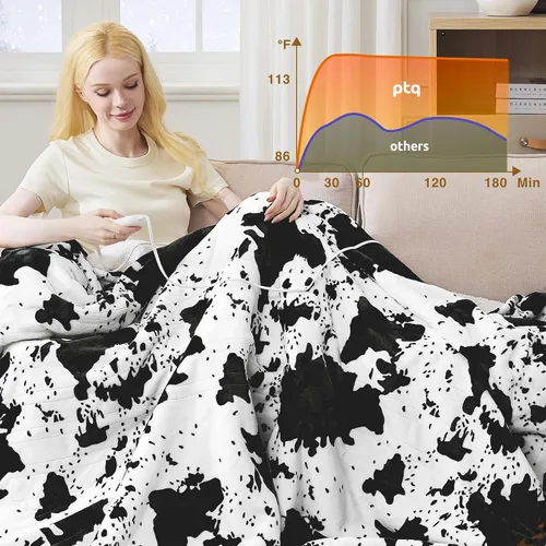 Miniatura 3 de Manta térmica con estampado de vaca negra de 50 x 60 pulgadas, manta eléctrica con 6 ajustes de calor y temporizador de 1 a 12 horas, sherpa