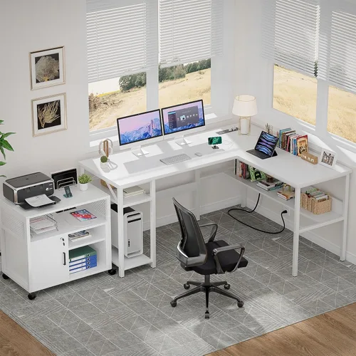Miniatura 2 de Unikito Escritorio reversible para computadora en forma de L con tomas de corriente mágicas y puertos de carga USB, escritorio esquinero resistente