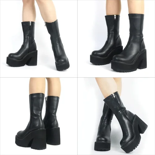 Miniatura 3 de Goiphrri Botas de tobillo de plataforma para mujer, tacón alto, punta redonda, botas de combate de trabajo, punk, botas de motocicleta, botas