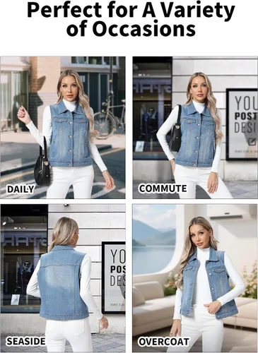 Miniatura 62 de Xeoxarel Chaleco de mezclilla para mujer, chaqueta vaquera sin mangas (XS-XXL)
