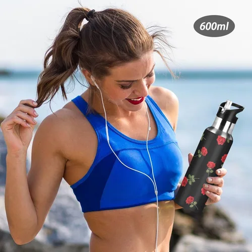 Miniatura 6 de Red Roses Green Leaves Black Insulated Water Bottle 32 Oz, BPA-Free Sports Water Bottle with Straw Leakproof Water Bottles