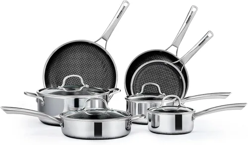 ROVSUN Juego de 11 utensilios de cocina antiadherentes, juego de ollas y sartenes de acero inoxidable con tapas, juego de cocina no tóxico, sartén