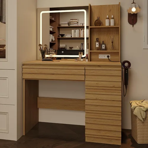 Miniatura 7 de Escritorio estriado con espejo y luces HD, mesa de tocador de maquillaje de madera con 4 cajones y estantes abiertos, juego de tocador de mediados