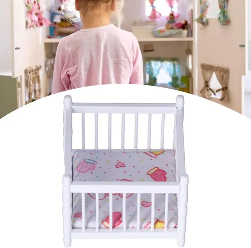 Miniatura 4 de Casa de muñecas de madera a escala 1:12, cama de bebé DIY, casa de muñecas en miniatura, mini accesorios de muebles con colchón, cama cuadrada