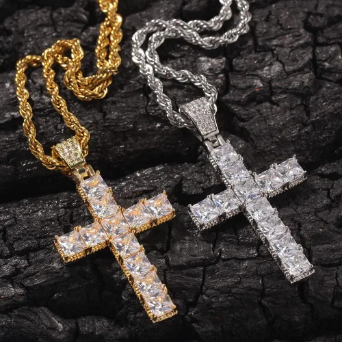 Miniatura 6 de Wisbal Collar de cruz para hombre chapado en oro de latón chapado en oro Jesucristo colgante cuadrado de cristal zirconia cruz colgante de oración