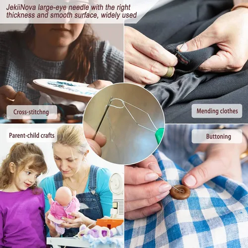 Miniatura 7 de Agujas de ojo grande para coser a mano, 50 agujas de coser de ojos grandes de alta calidad con enhebradores y tubo de almacenamiento, 5 agujas