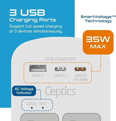 Miniatura 8 de Adaptador de viaje Ceptics, de EE. UU. a Japón, Filipinas, con doble USB, tipo A, ultra compacto All in One - 2 USB + 2 US Sockets Blanco