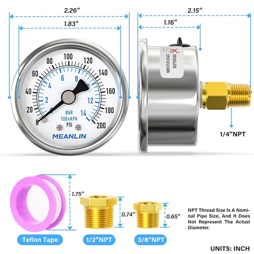 Miniatura 2 de MEANLIN MEASURE Medidor de presión en seco de acero inoxidable de 0 ~ 200 psi, esfera de cara NPT de 2 pulgadas, impermeable para compresor de aire